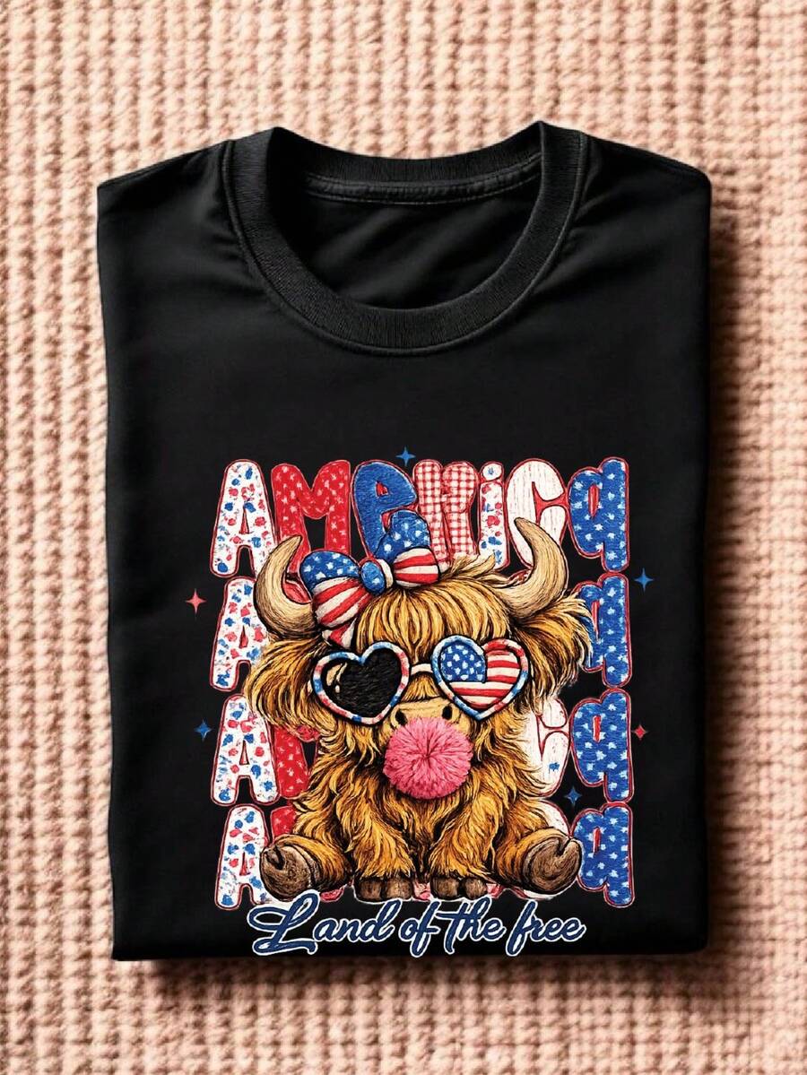 Highland Cow 4th July Bow Faux Yarn T-Shirt
