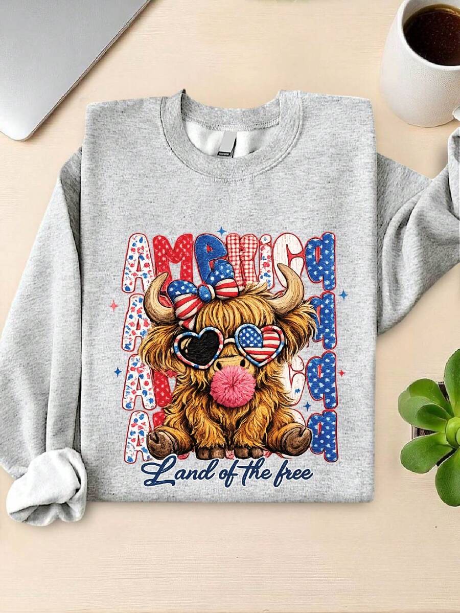 Highland Cow 4th July Bow Faux Yarn Sweatshirt