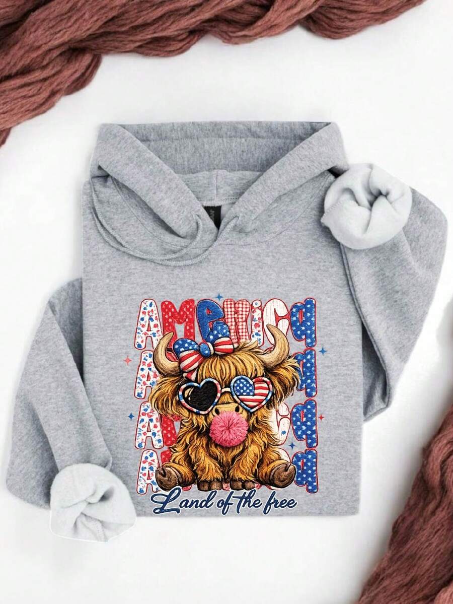 Highland Cow 4th July Bow Faux Yarn Hoodie