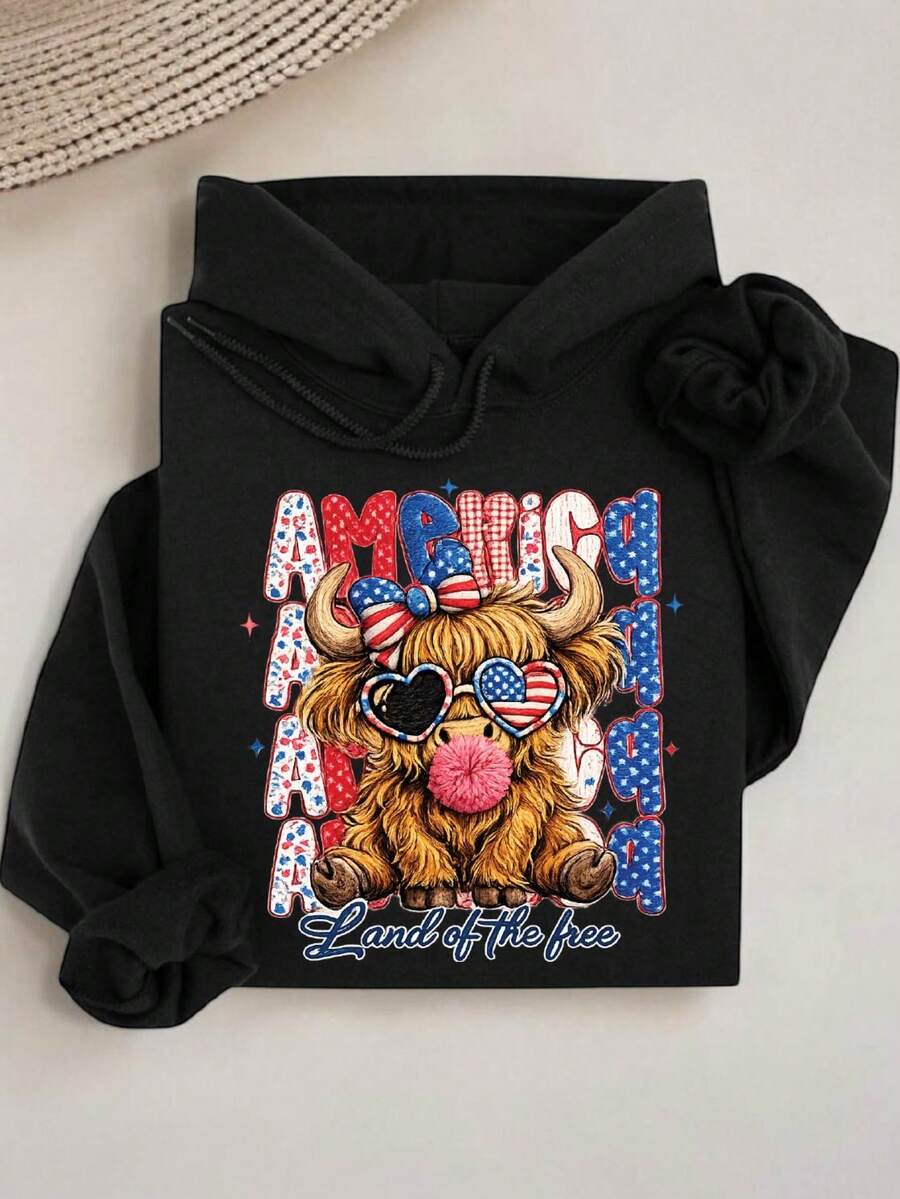 Highland Cow 4th July Bow Faux Yarn Hoodie