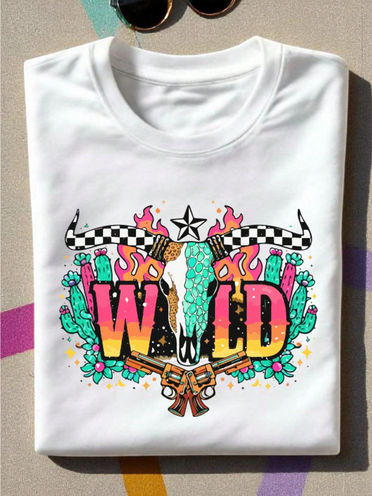 Checkered Longhorn Skull T-Shirt