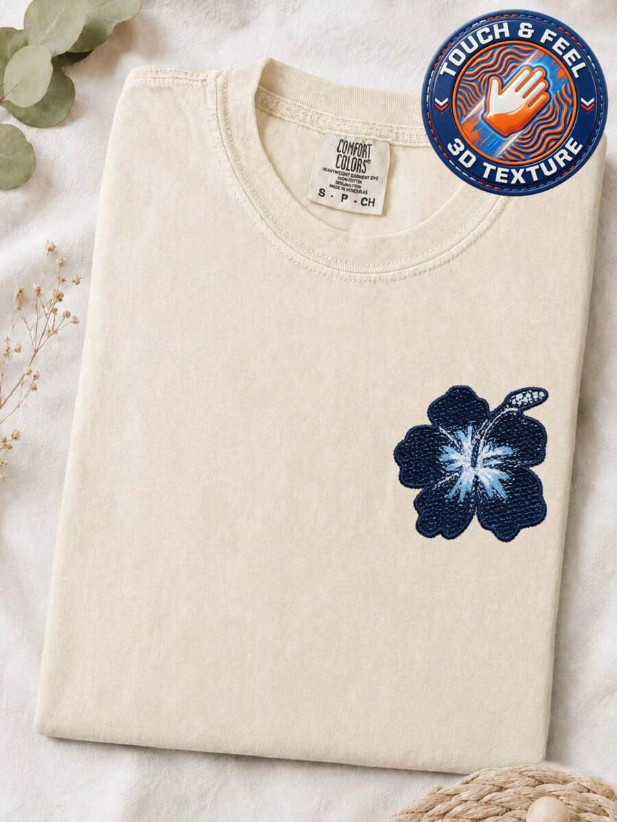 Blue Flower Embroidered 3D Patch T-Shirt