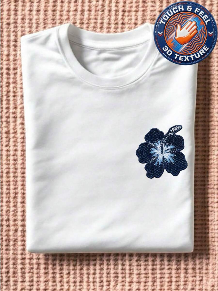 Blue Flower Embroidered 3D Patch T-Shirt