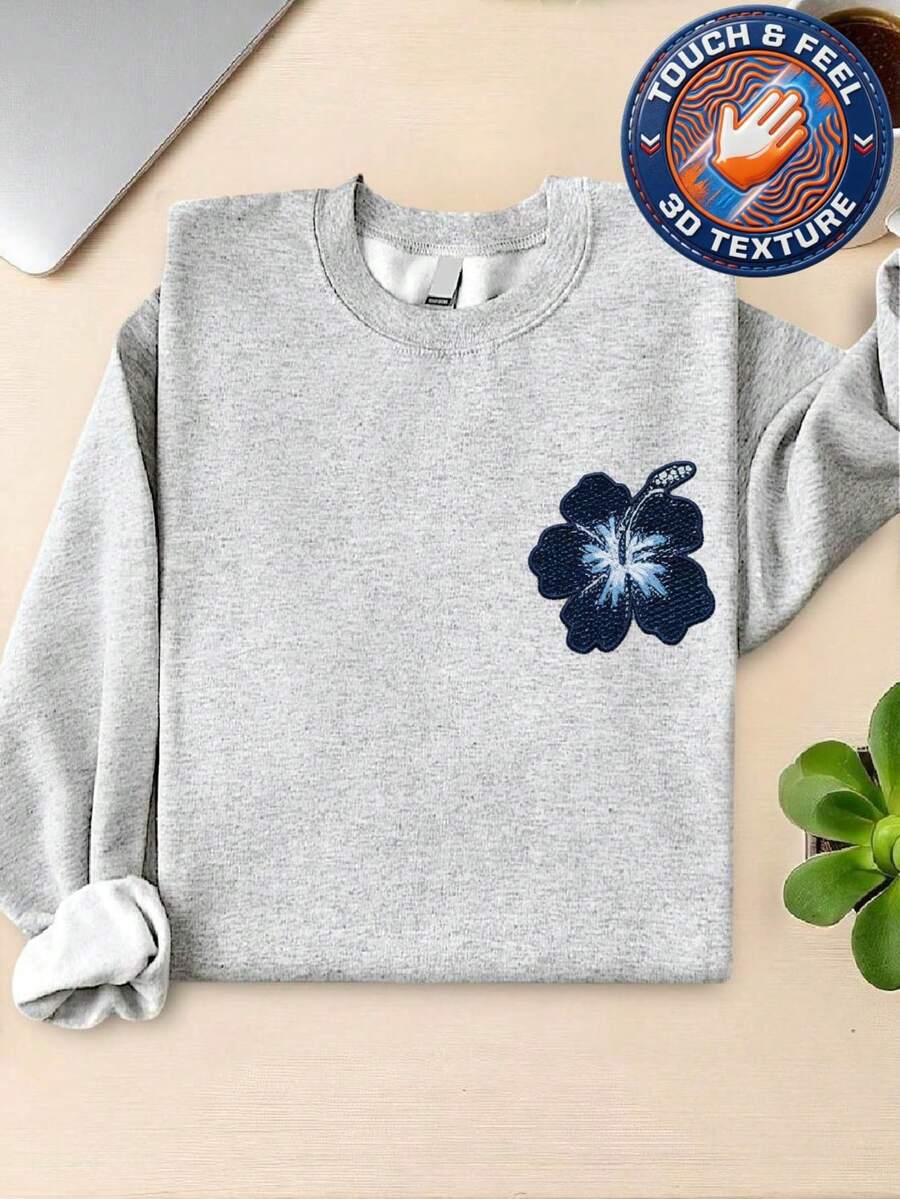 Blue Flower Embroidered 3D Patch Sweatshirt