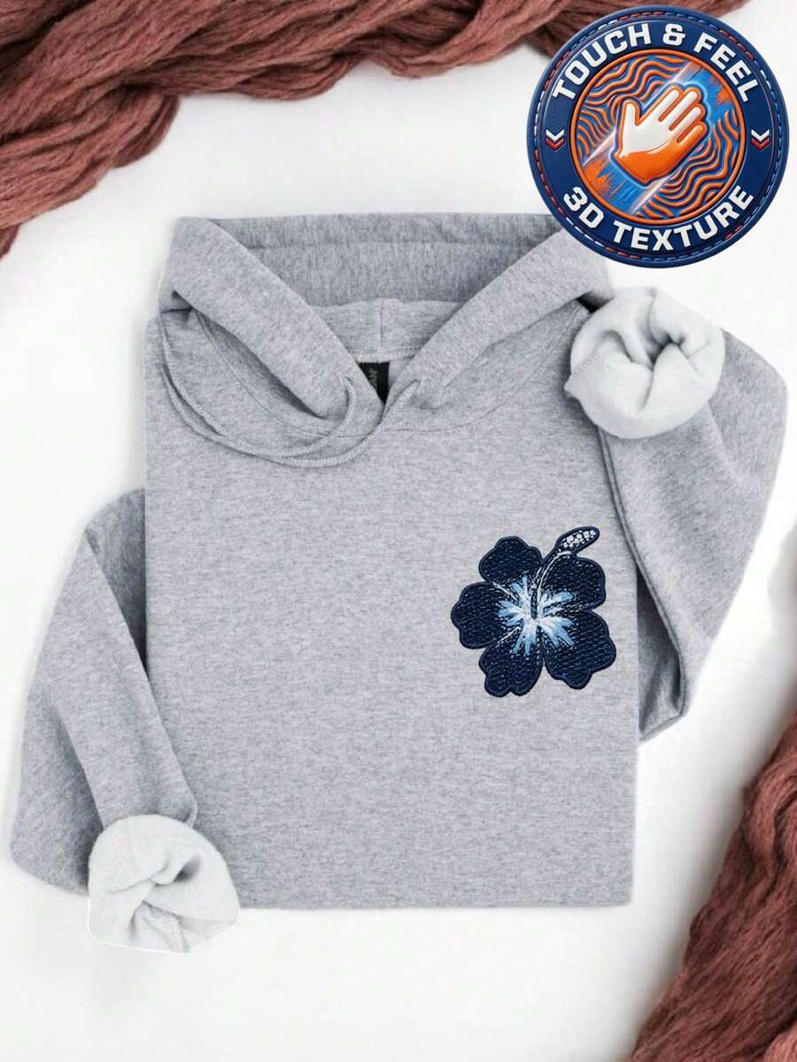 Blue Flower Embroidered 3D Patch Hoodie