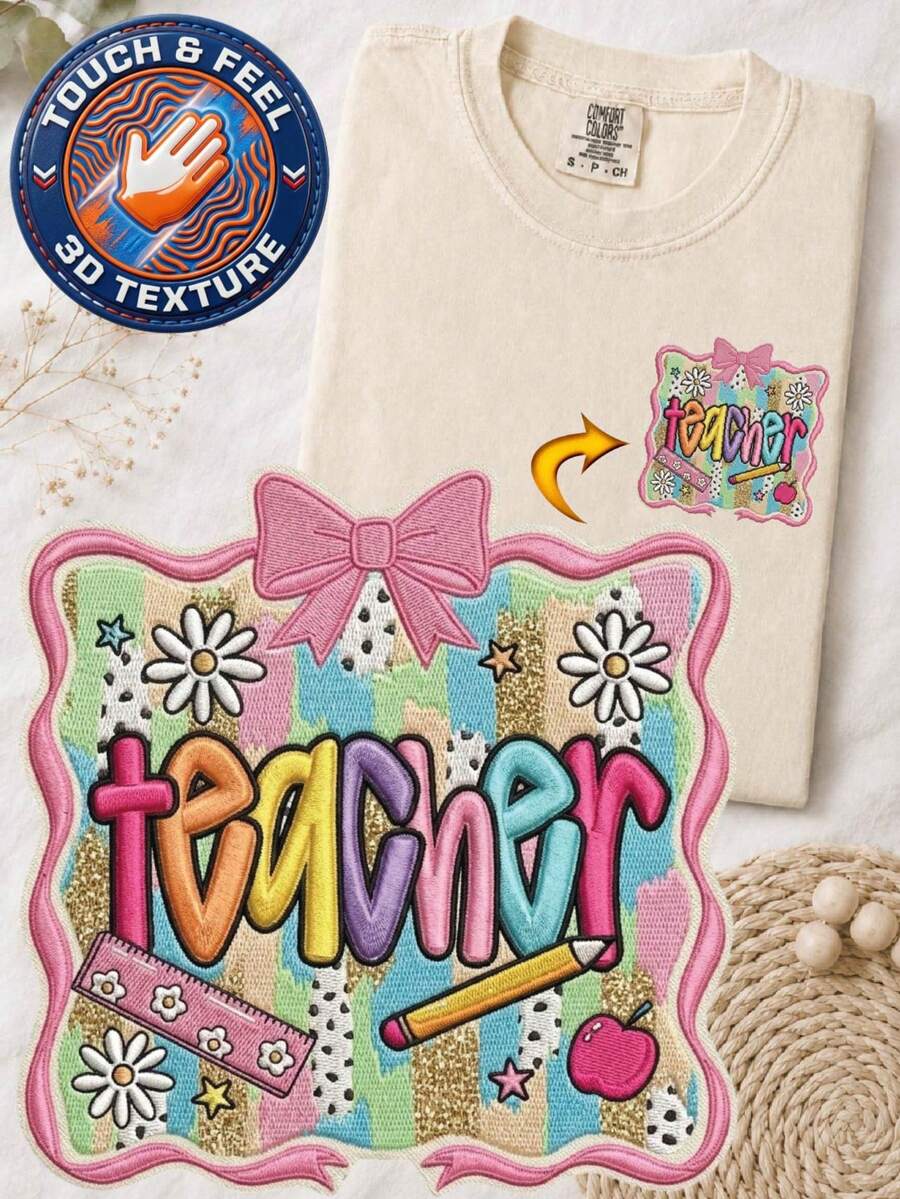 Coquette Teacher 3D Embroidered Patch T-Shirt