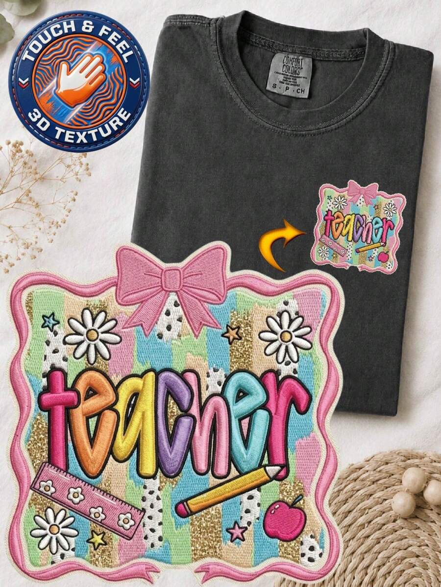 Coquette Teacher 3D Embroidered Patch T-Shirt