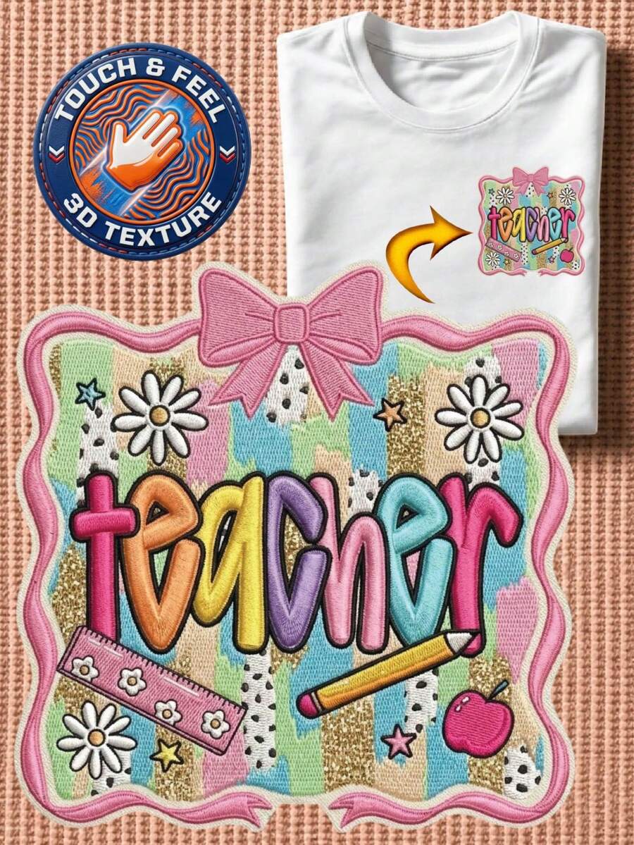 Coquette Teacher 3D Embroidered Patch T-Shirt