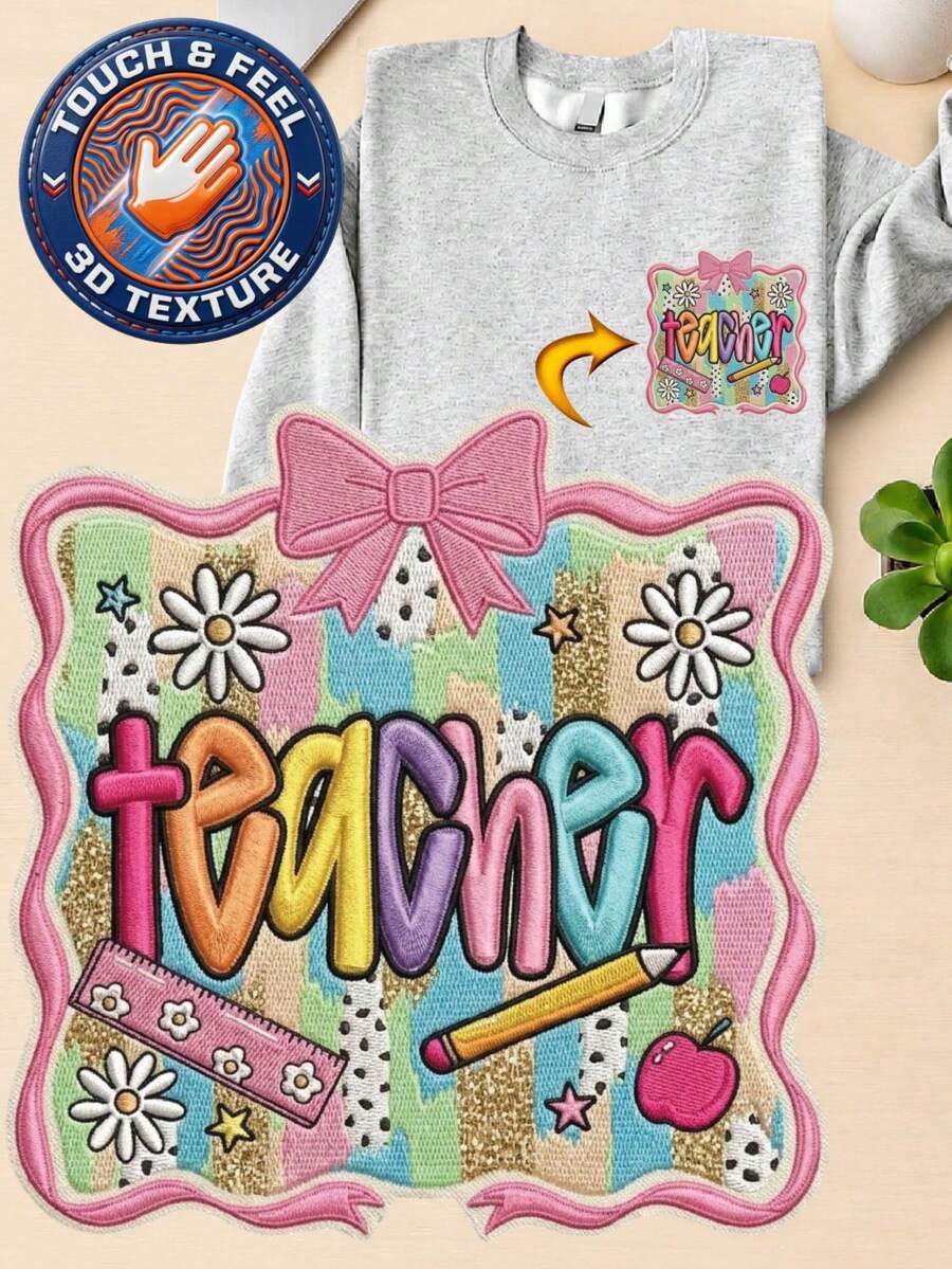 Coquette Teacher 3D Embroidered Patch Sweatshirt