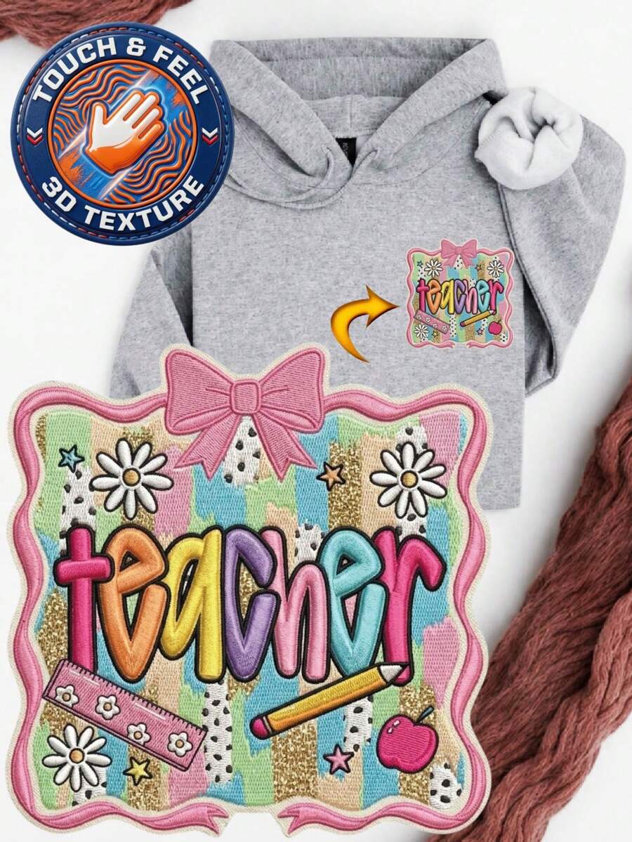 Coquette Teacher 3D Embroidered Patch Hoodie