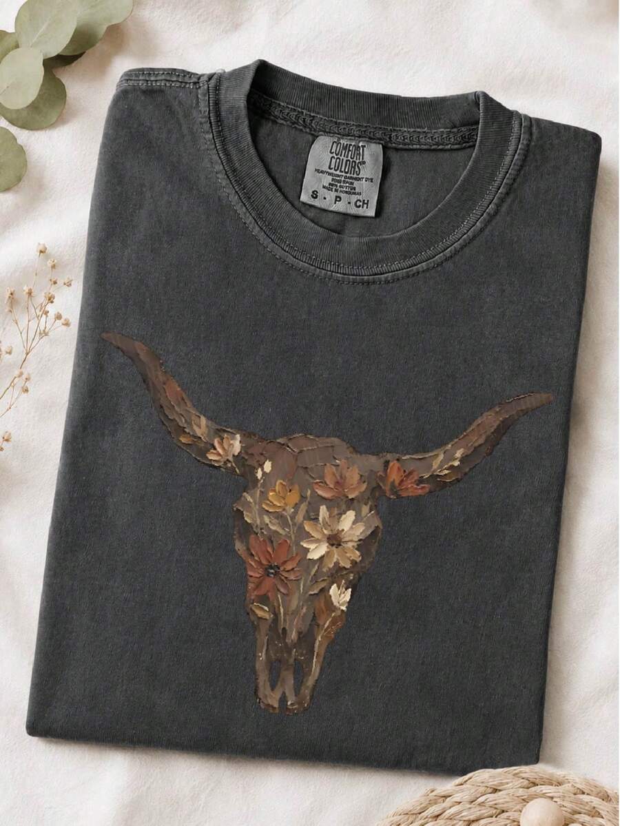 Floral Western Cow Skull (DTF Graphic Print) T-Shirt