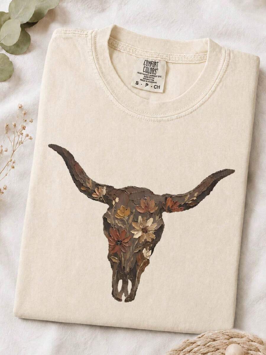Floral Western Cow Skull (DTF Graphic Print) T-Shirt