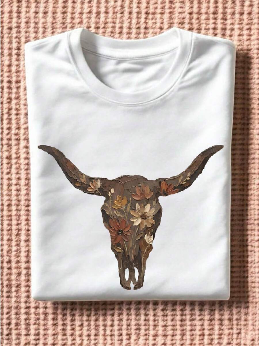Floral Western Cow Skull (DTF Graphic Print) T-Shirt