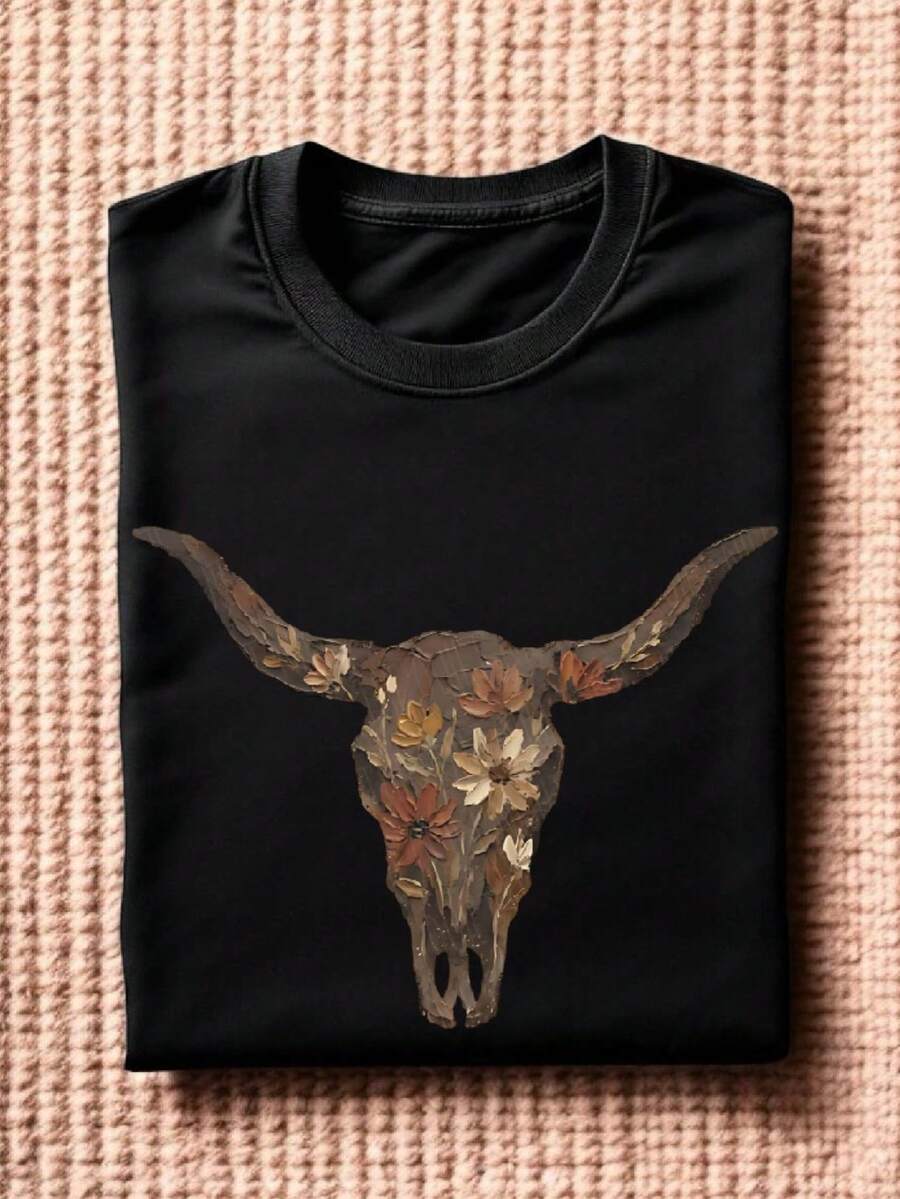 Floral Western Cow Skull (DTF Graphic Print) T-Shirt