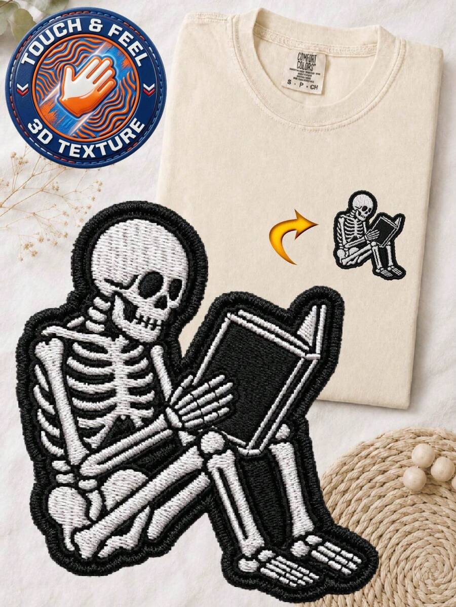 Skeleton Reading Book 3D Embroidered Patch T-Shirt