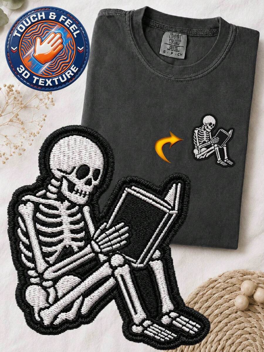 Skeleton Reading Book 3D Embroidered Patch T-Shirt