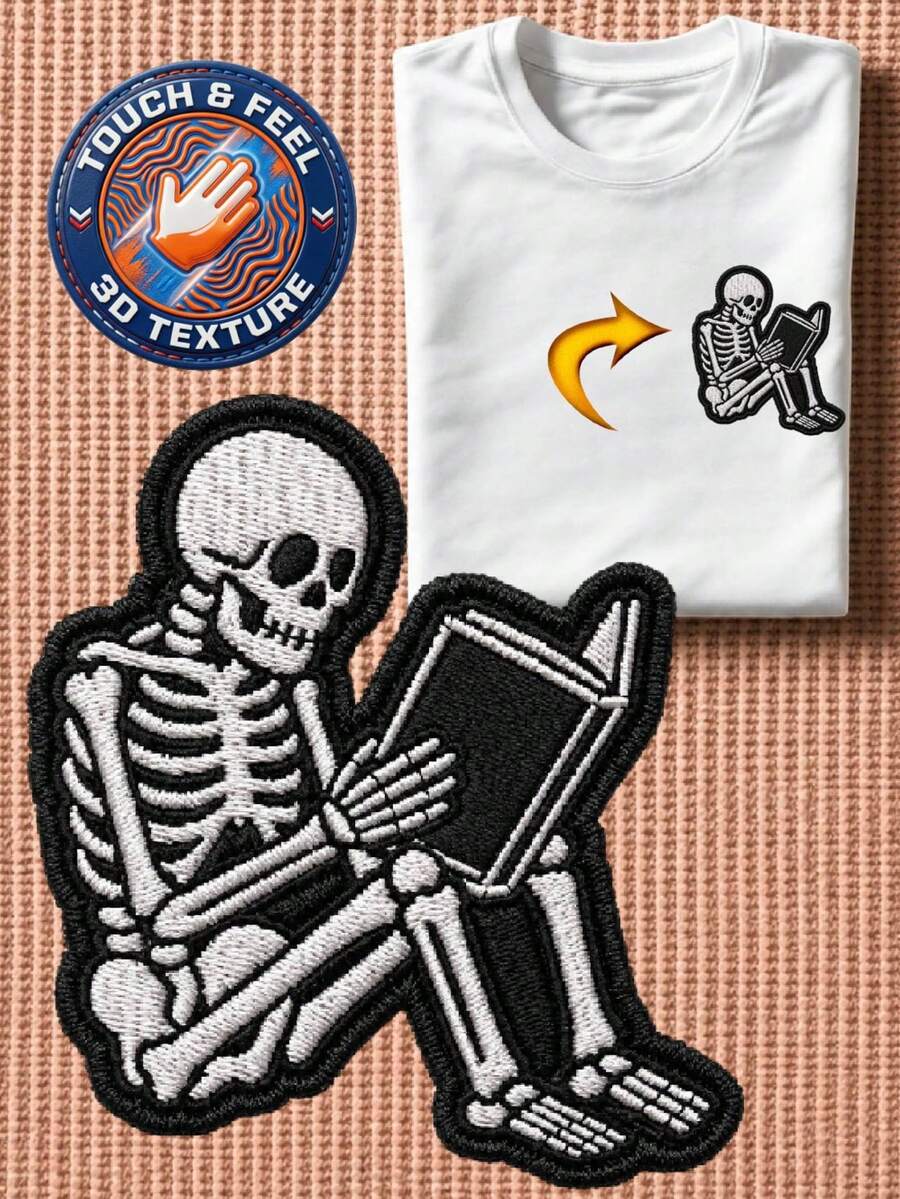 Skeleton Reading Book 3D Embroidered Patch T-Shirt