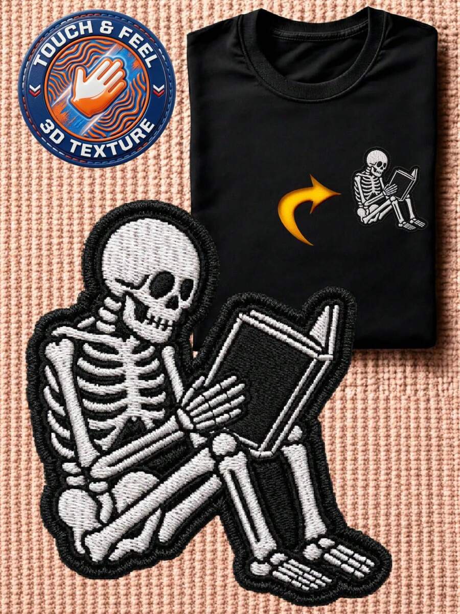 Skeleton Reading Book 3D Embroidered Patch T-Shirt