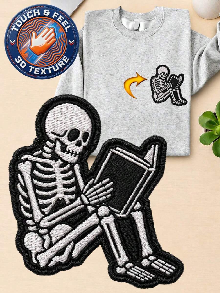 Skeleton Reading Book 3D Embroidered Patch Sweatshirt
