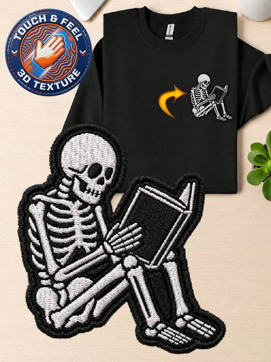 Skeleton Reading Book 3D Embroidered Patch Sweatshirt