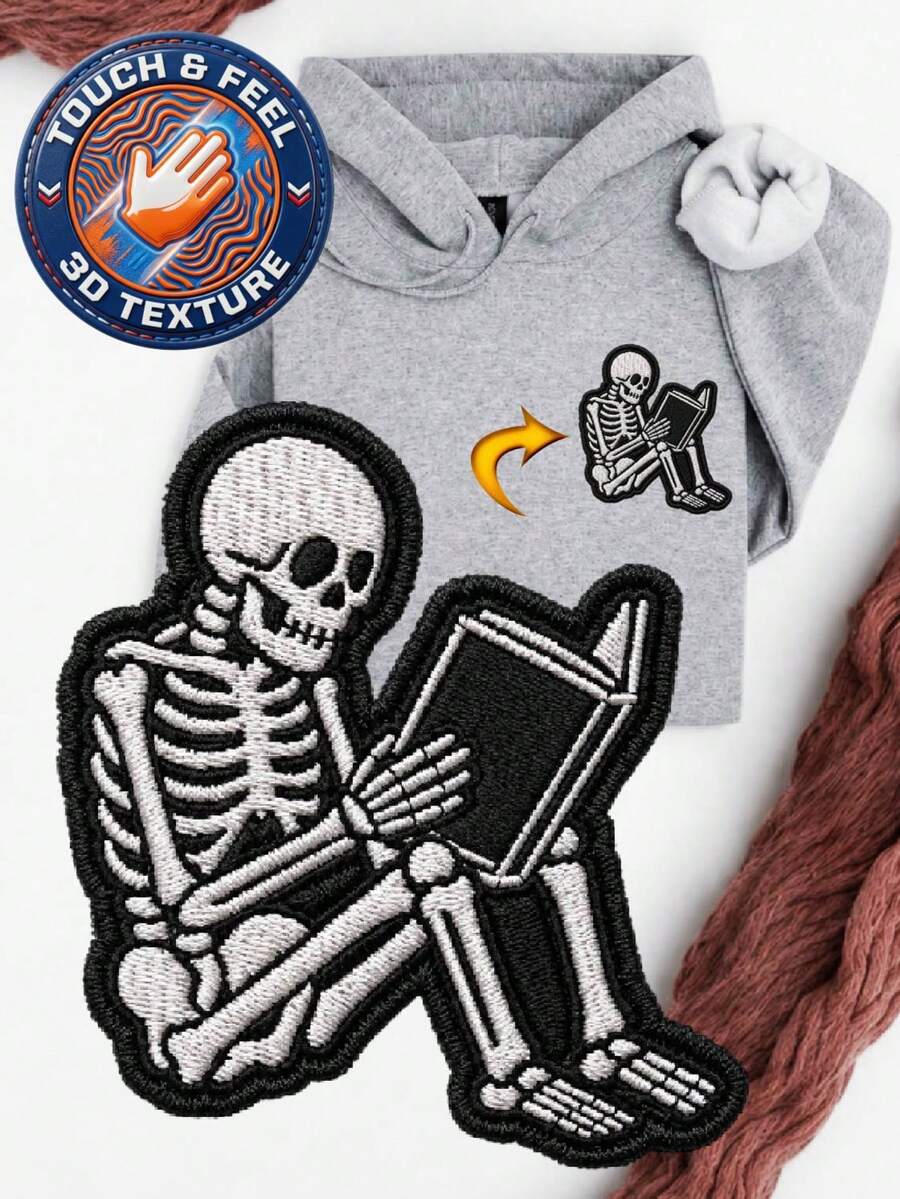 Skeleton Reading Book 3D Embroidered Patch Hoodie