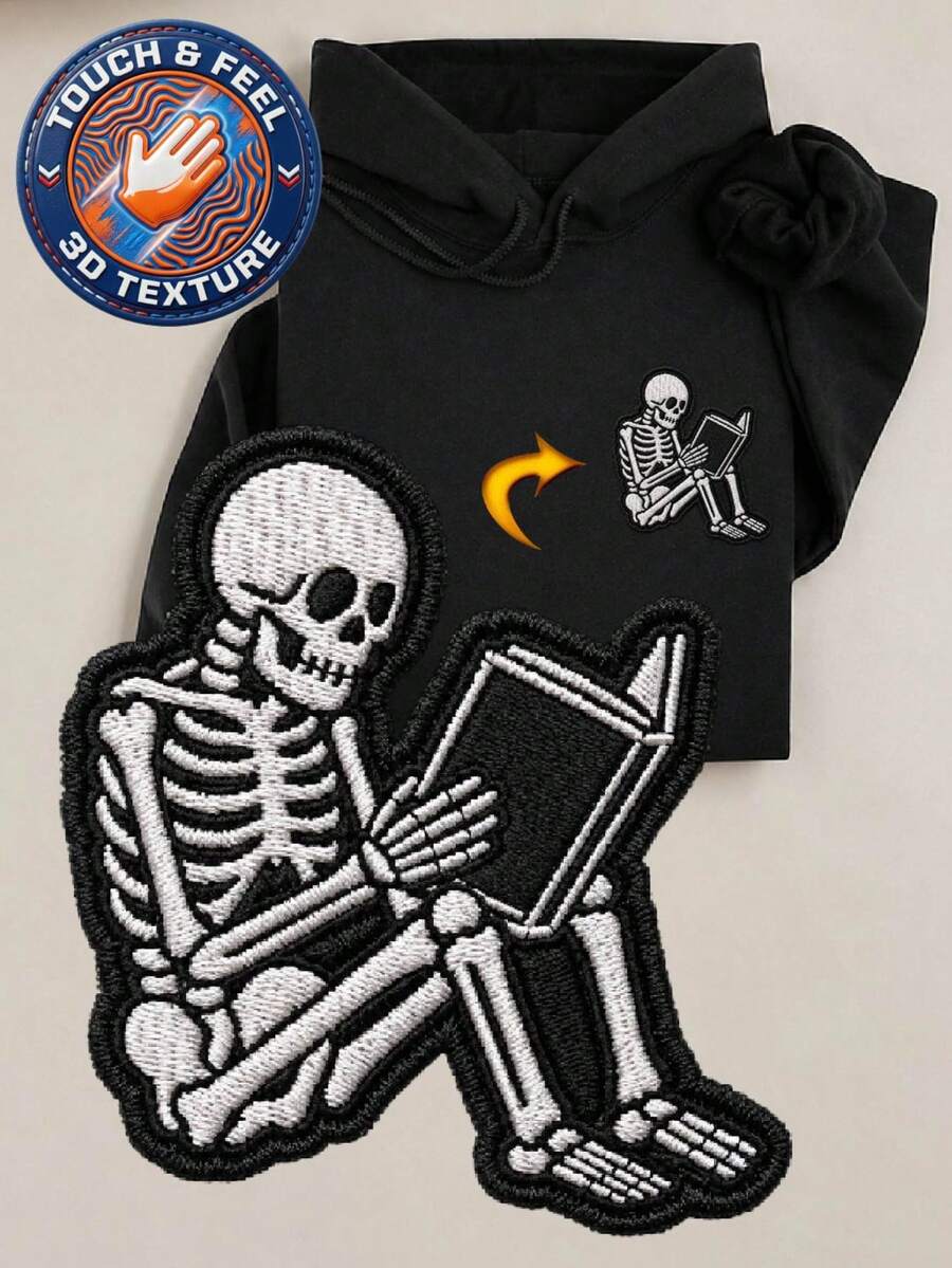 Skeleton Reading Book 3D Embroidered Patch Hoodie