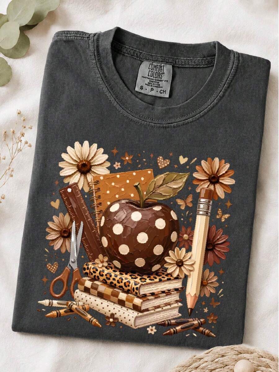 Leopard Teacher Apple (DTF Graphic Print) T-Shirt