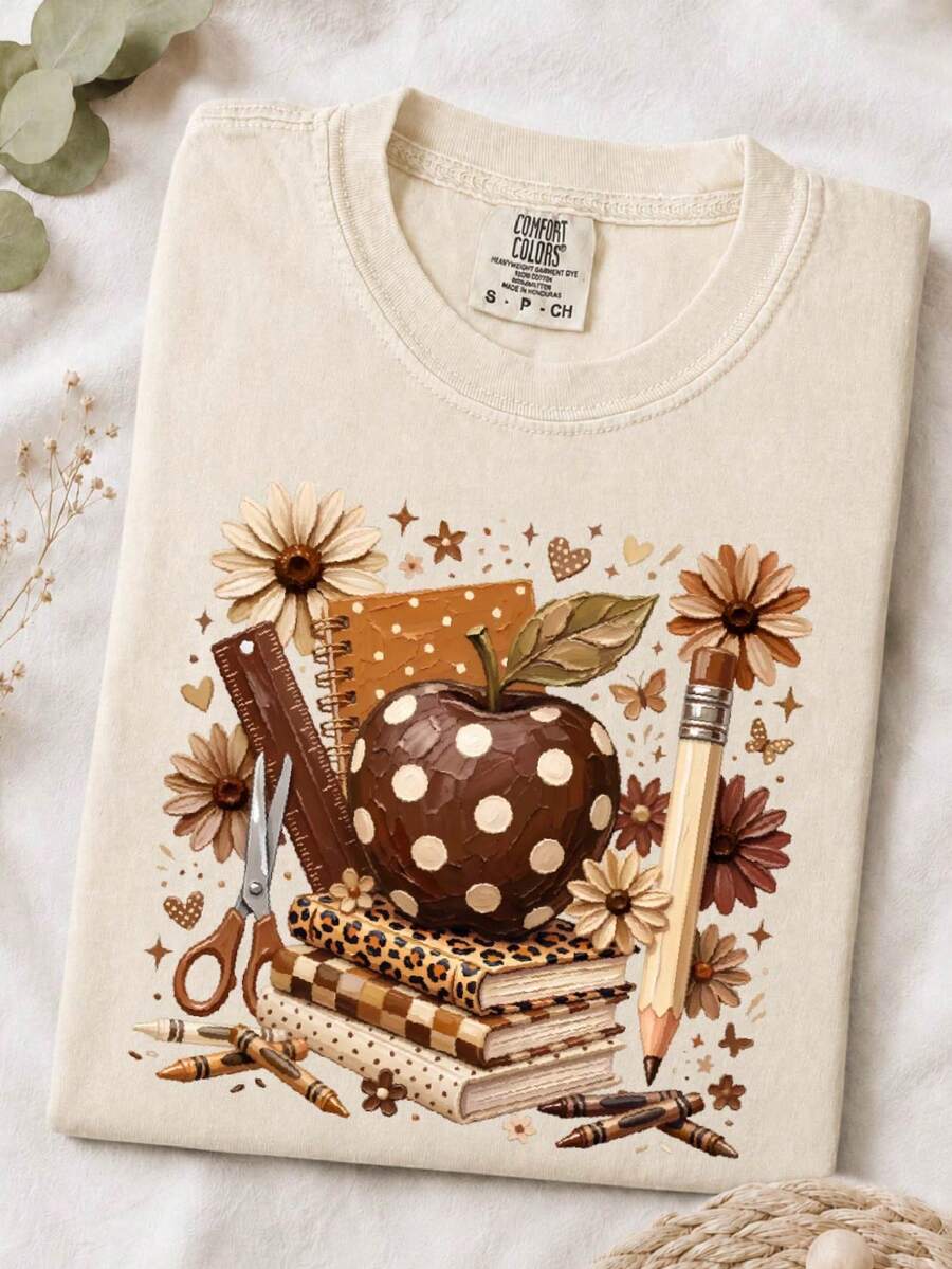 Leopard Teacher Apple (DTF Graphic Print) T-Shirt