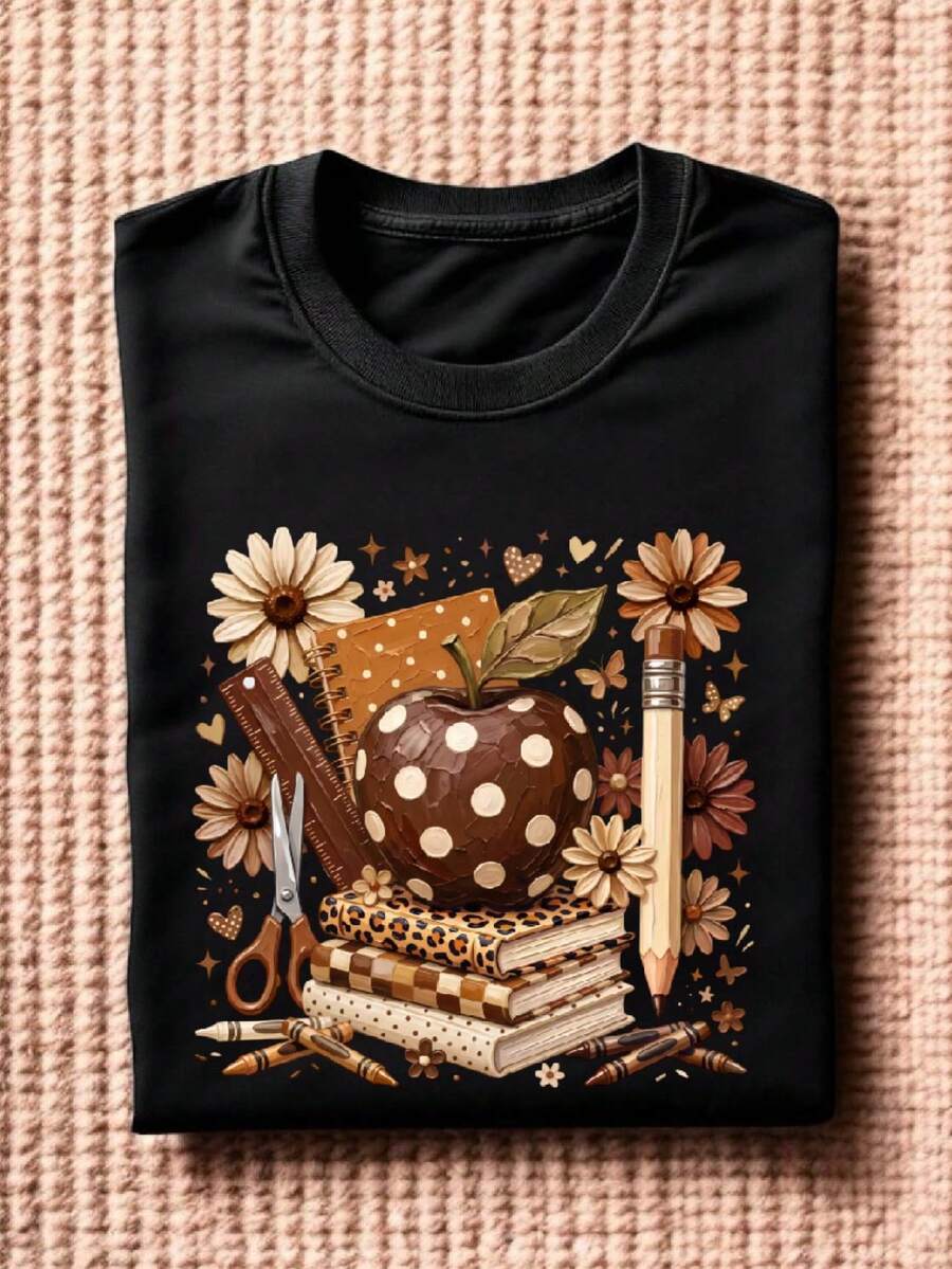 Leopard Teacher Apple (DTF Graphic Print) T-Shirt