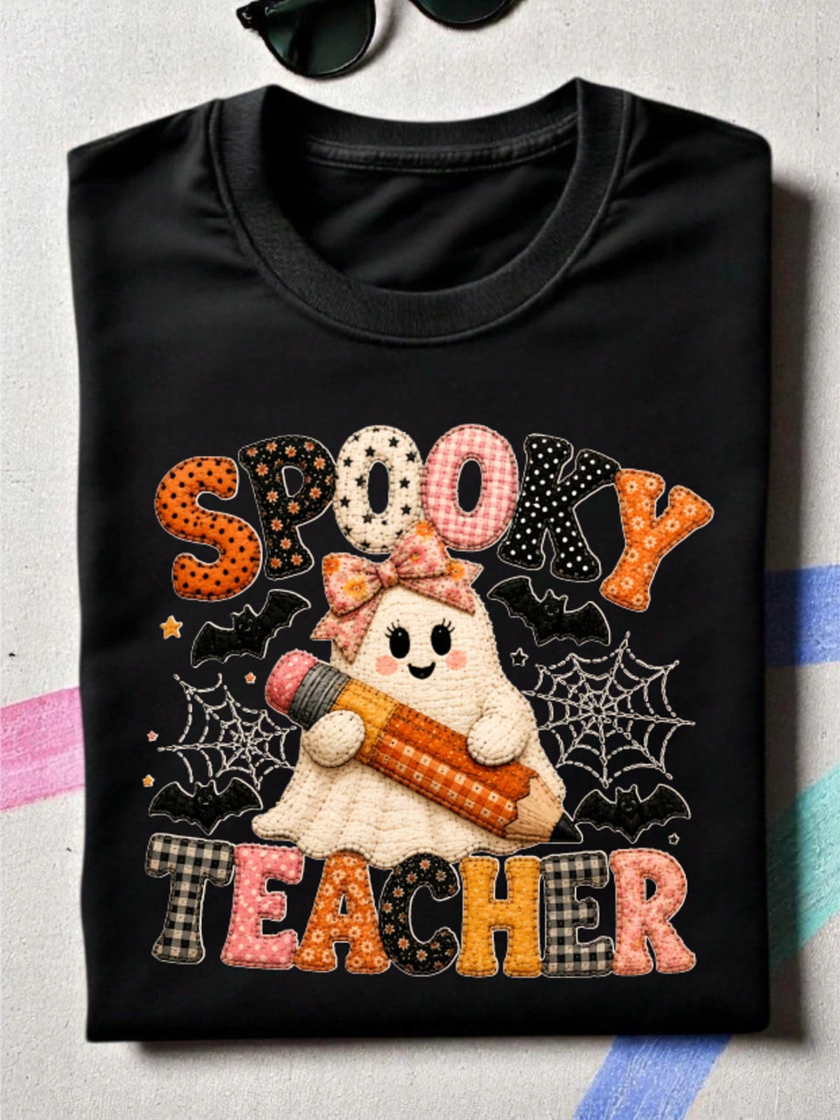 Faux Patchwork Ghost Teacher T-Shirt