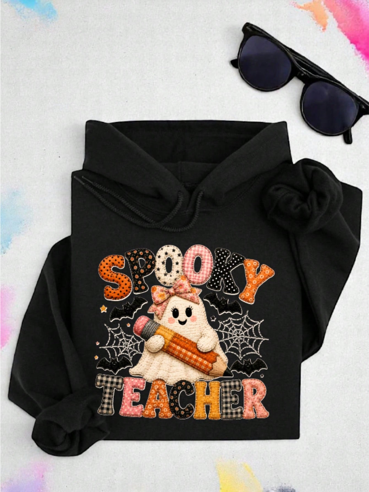Faux Patchwork Ghost Teacher Hoodie