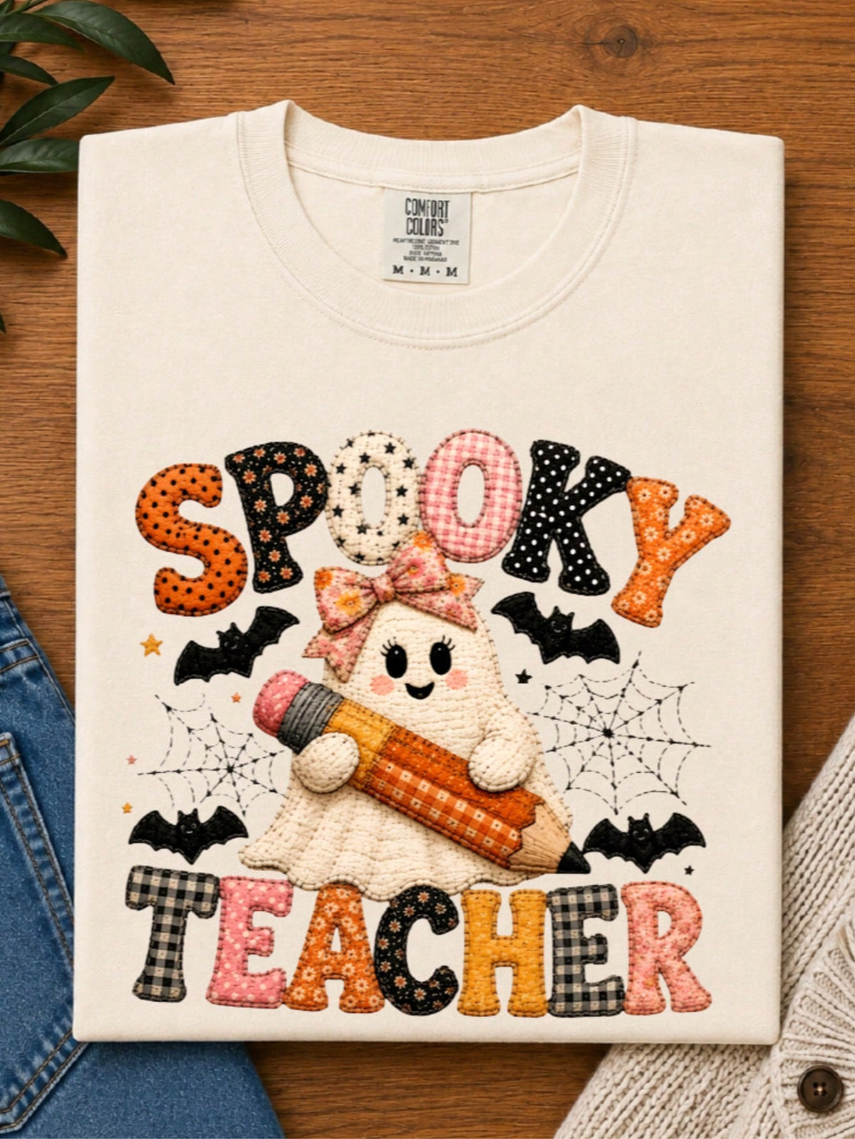 Faux Patchwork Ghost Teacher T-Shirt