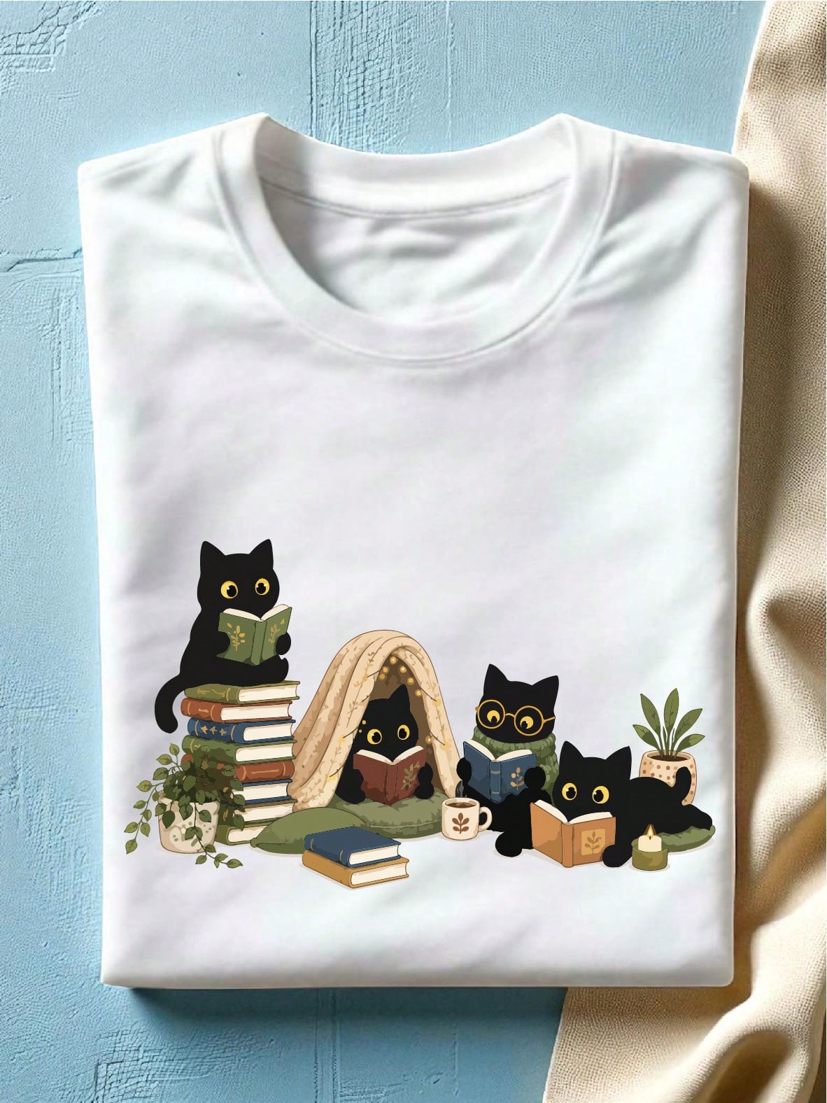 Black Cat Reading T-Shirt