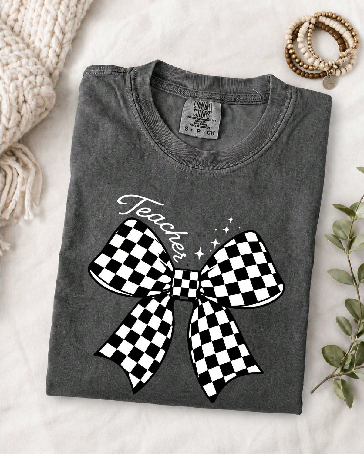 Teacher Checkered Bow T-Shirt