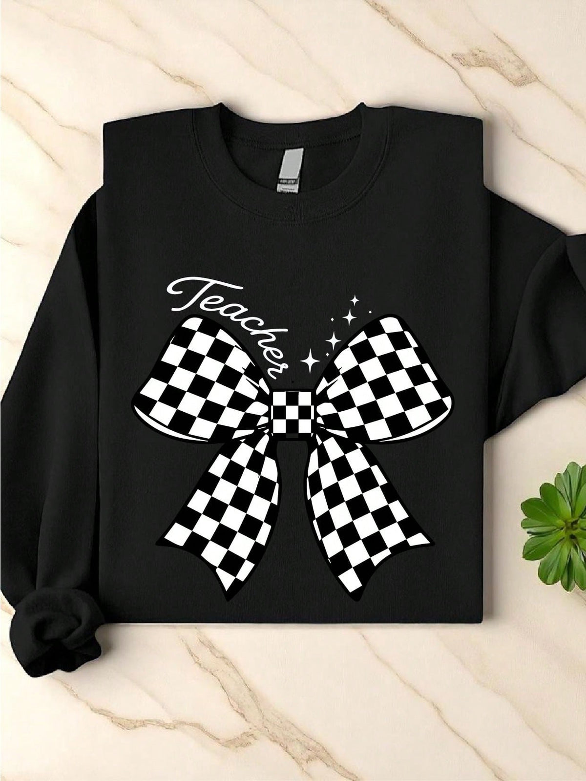 Teacher Checkered Bow Sweatshirt