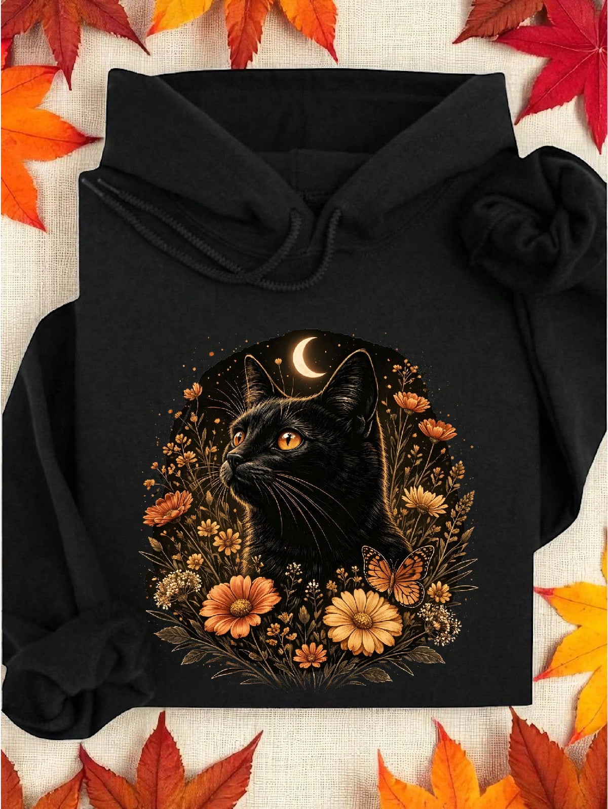 Black Cat Floral Cottagecore Hoodie