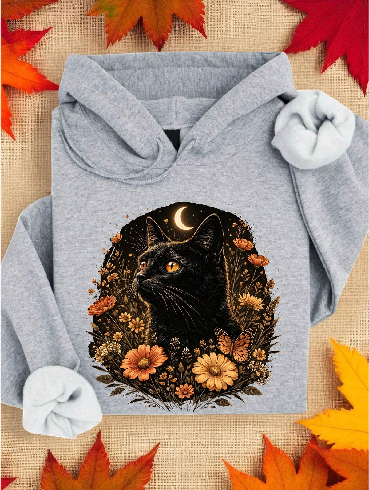 Black Cat Floral Cottagecore Hoodie