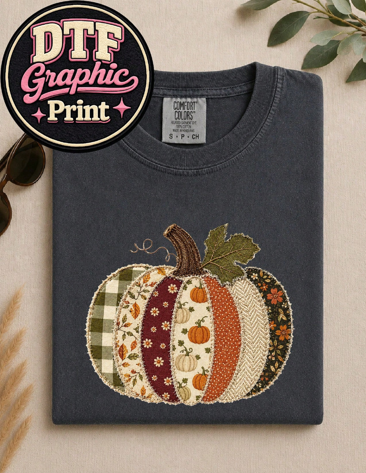 Faux Patchwork Fall Pumpkin (DTF Graphic Print) T-Shirt