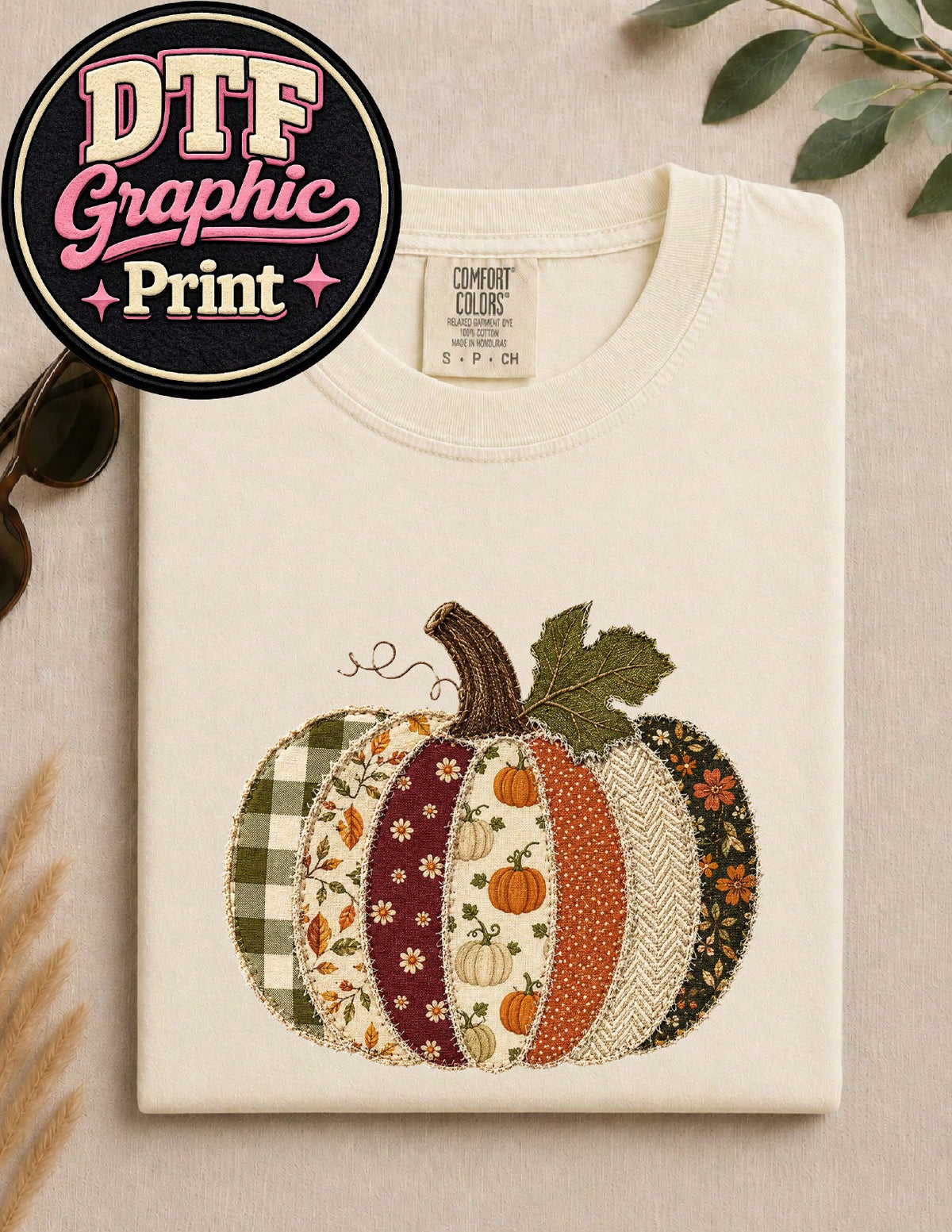 Faux Patchwork Fall Pumpkin (DTF Graphic Print) T-Shirt