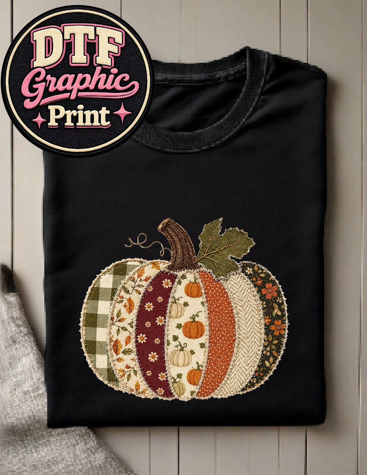 Faux Patchwork Fall Pumpkin (DTF Graphic Print) T-Shirt