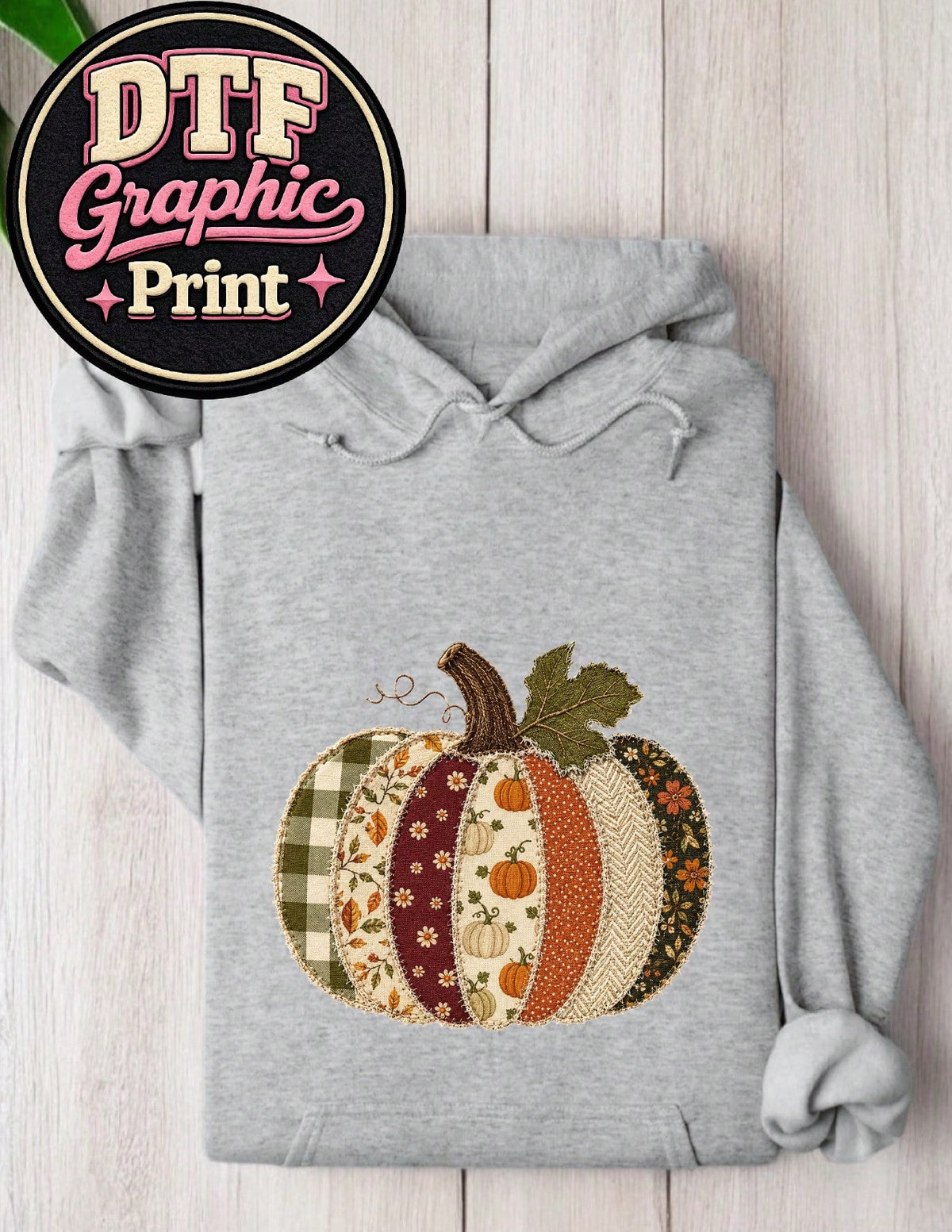 Faux Patchwork Fall Pumpkin (DTF Graphic Print) Hoodie