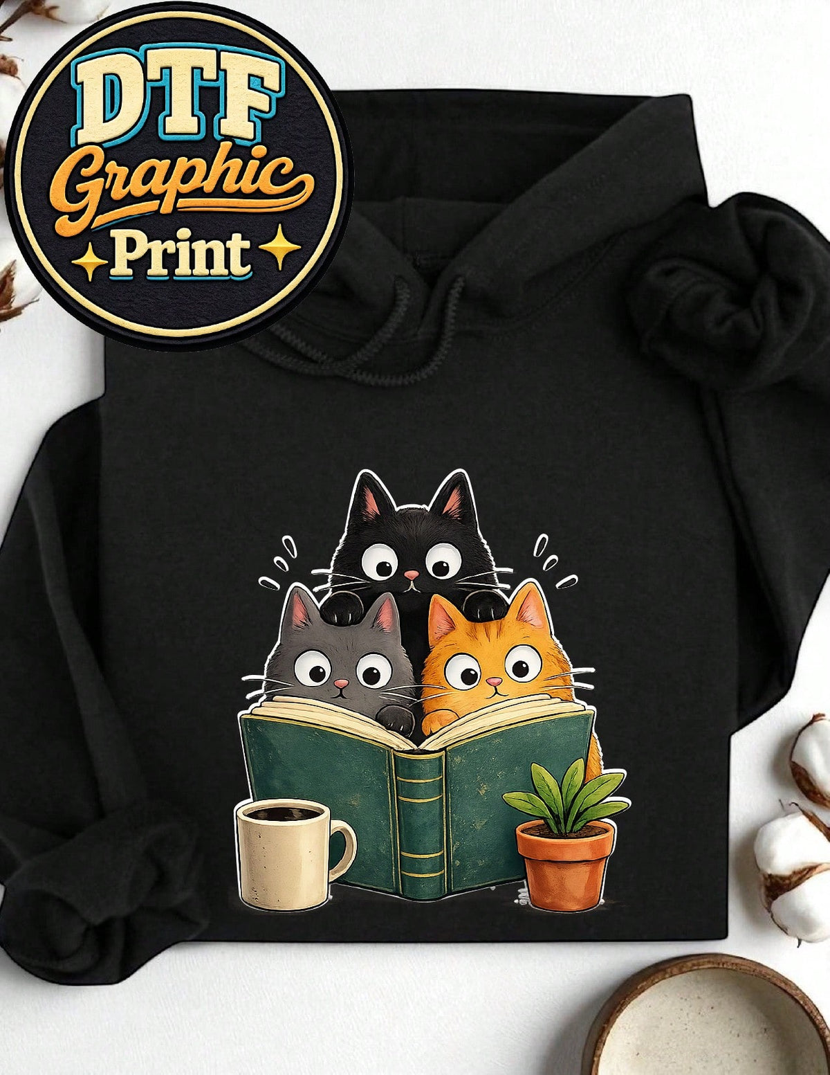 Curious Reading Cats Graphic Hoodie
