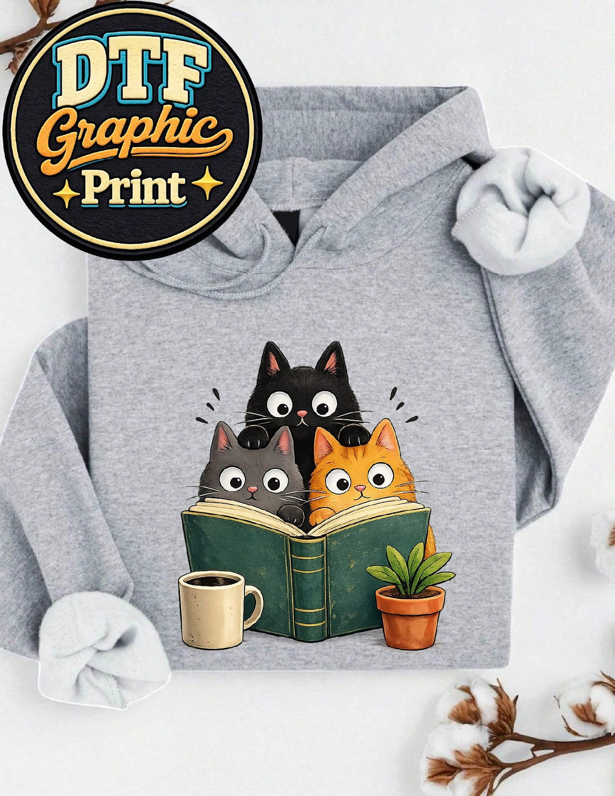 Curious Reading Cats Graphic Hoodie