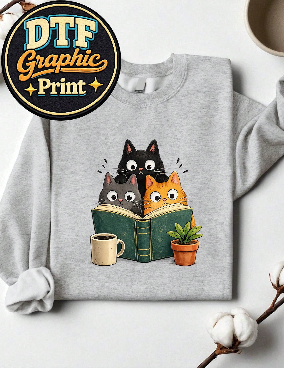 Curious Reading Cats Graphic Sweatshirt