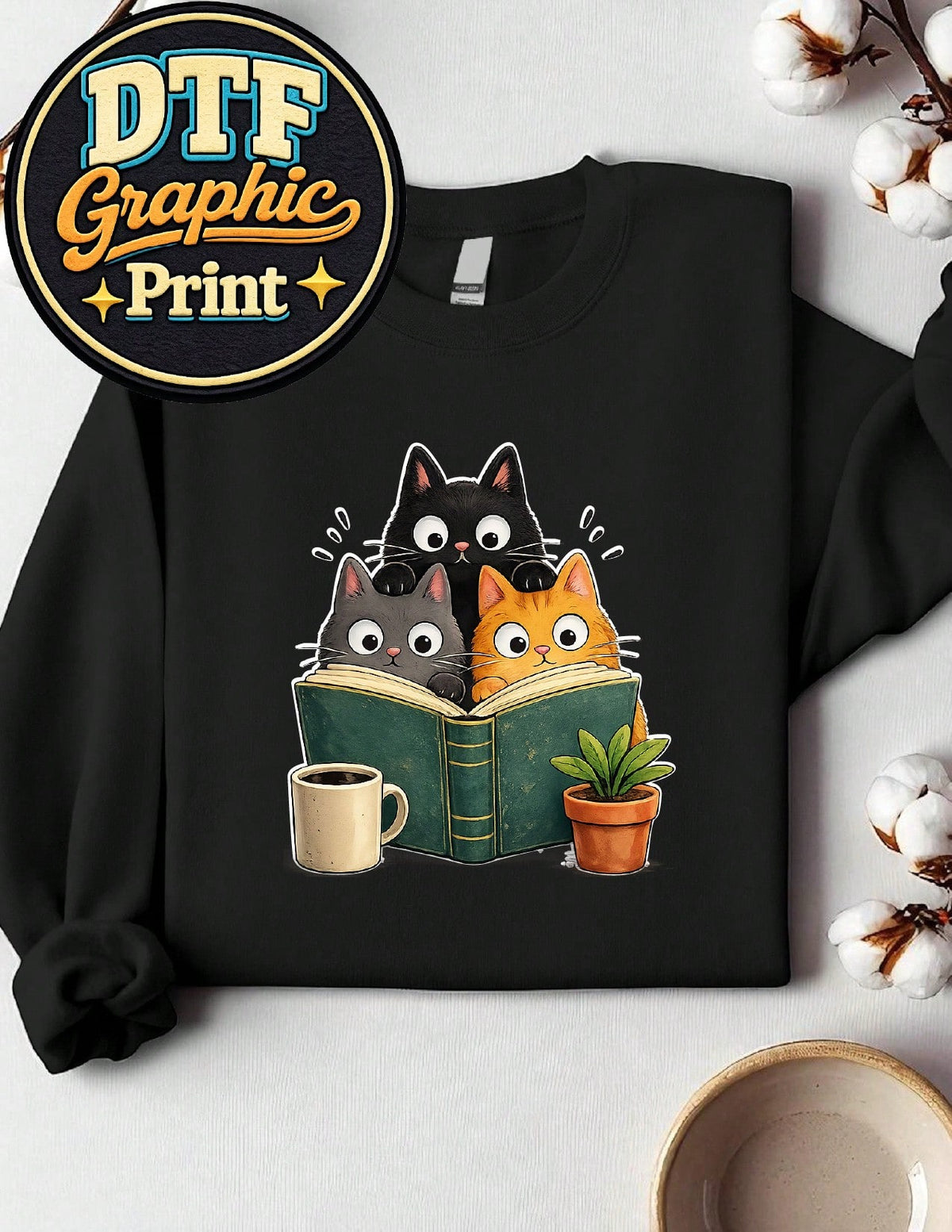 Curious Reading Cats Graphic Sweatshirt