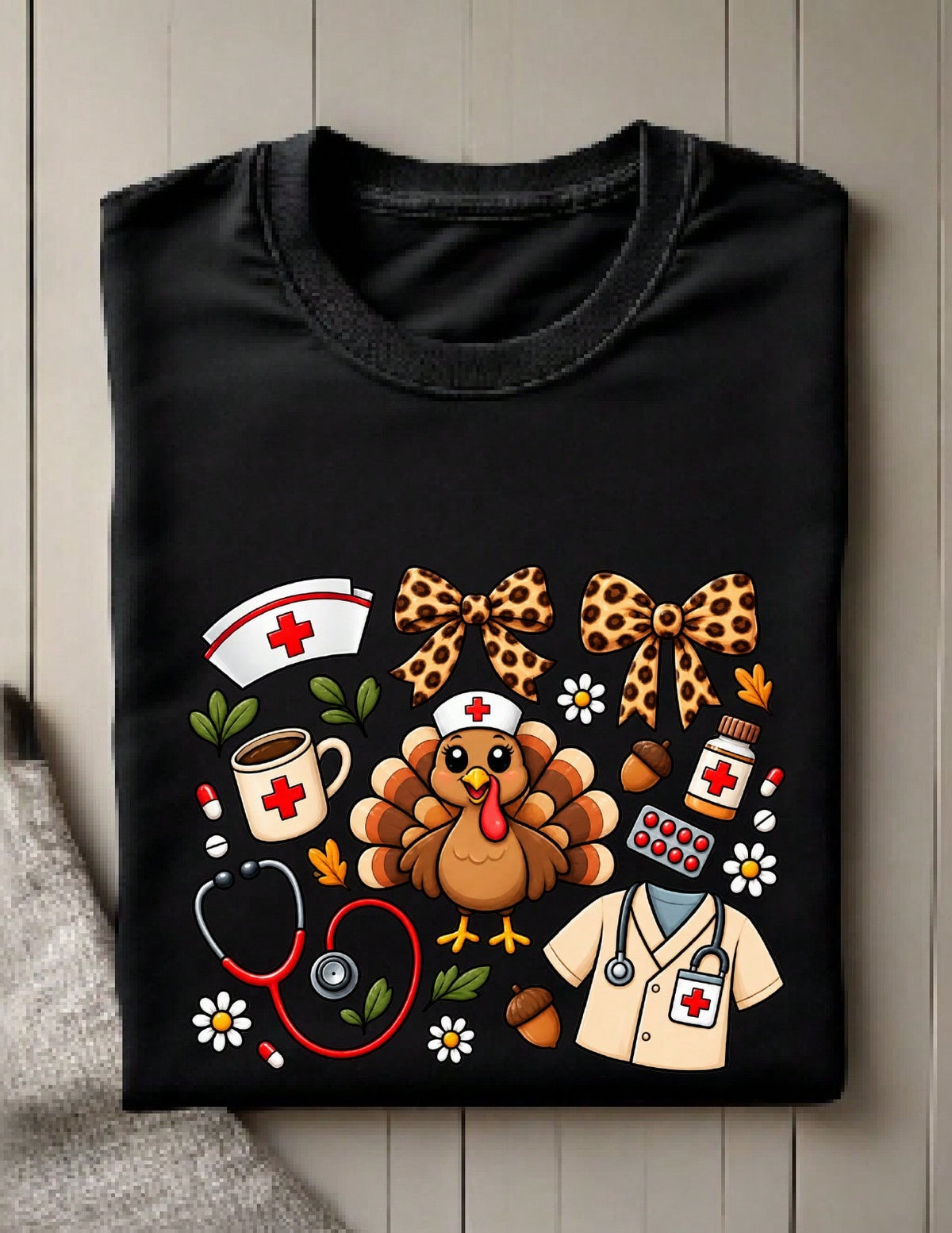 Thanksgiving Nurse Leopard Bow T-Shirt