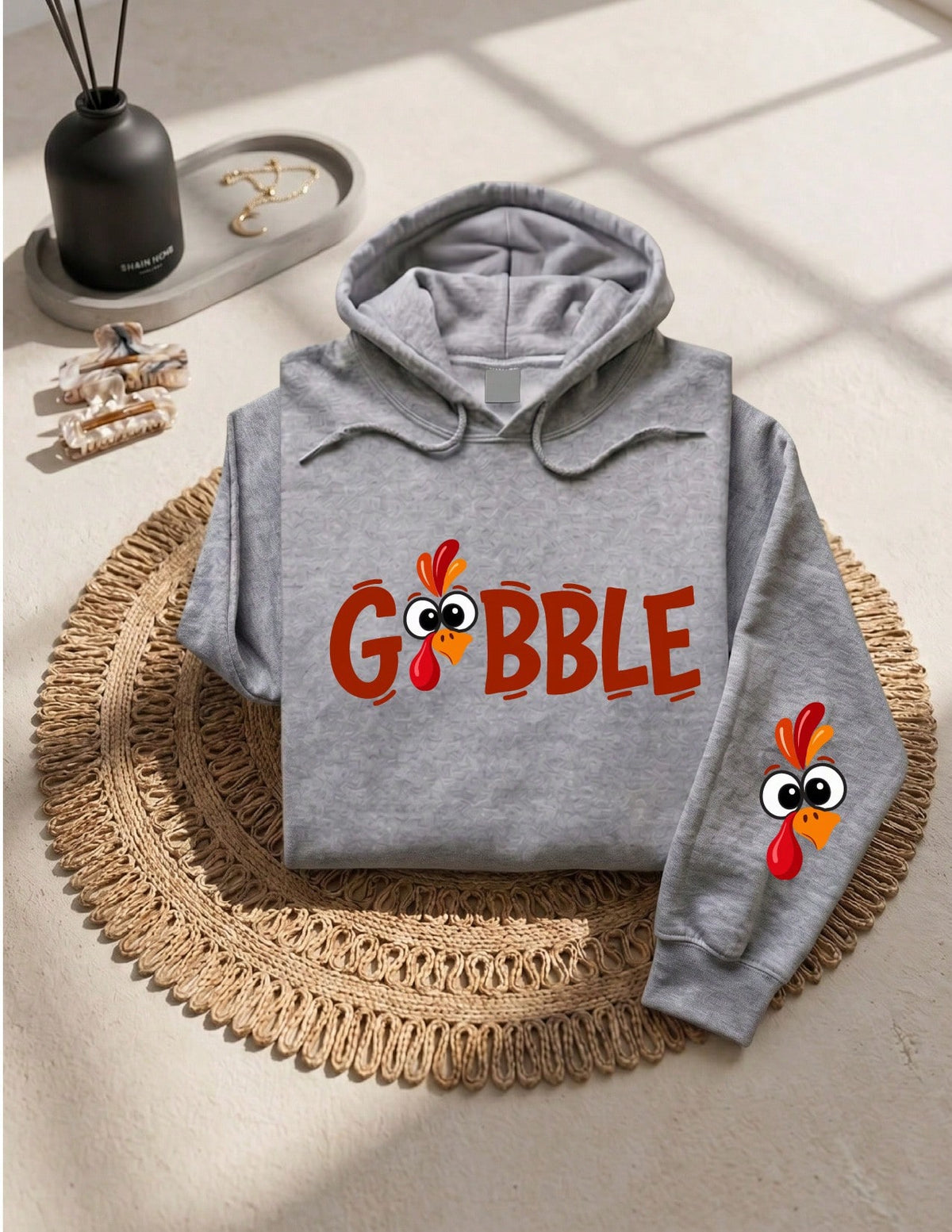 Gobble Thanksgiving Sleeve Print Hoodie