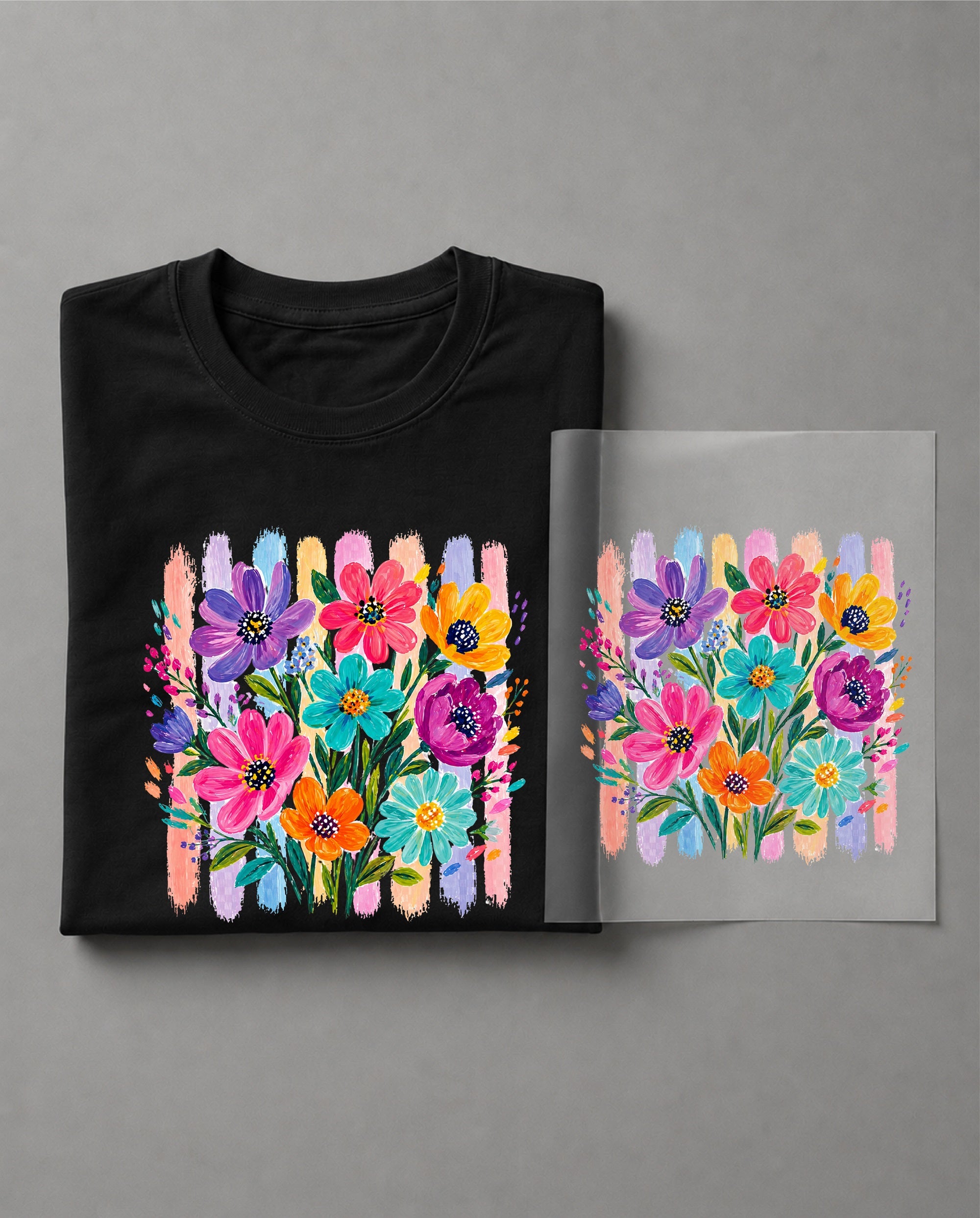 Striped Boho Floral Brushstroke Shirt – Bohemian Floral Graphic Tee, Artistic Wildflower Print Shirt, Trendy Summer Casual Shirt – DT-1