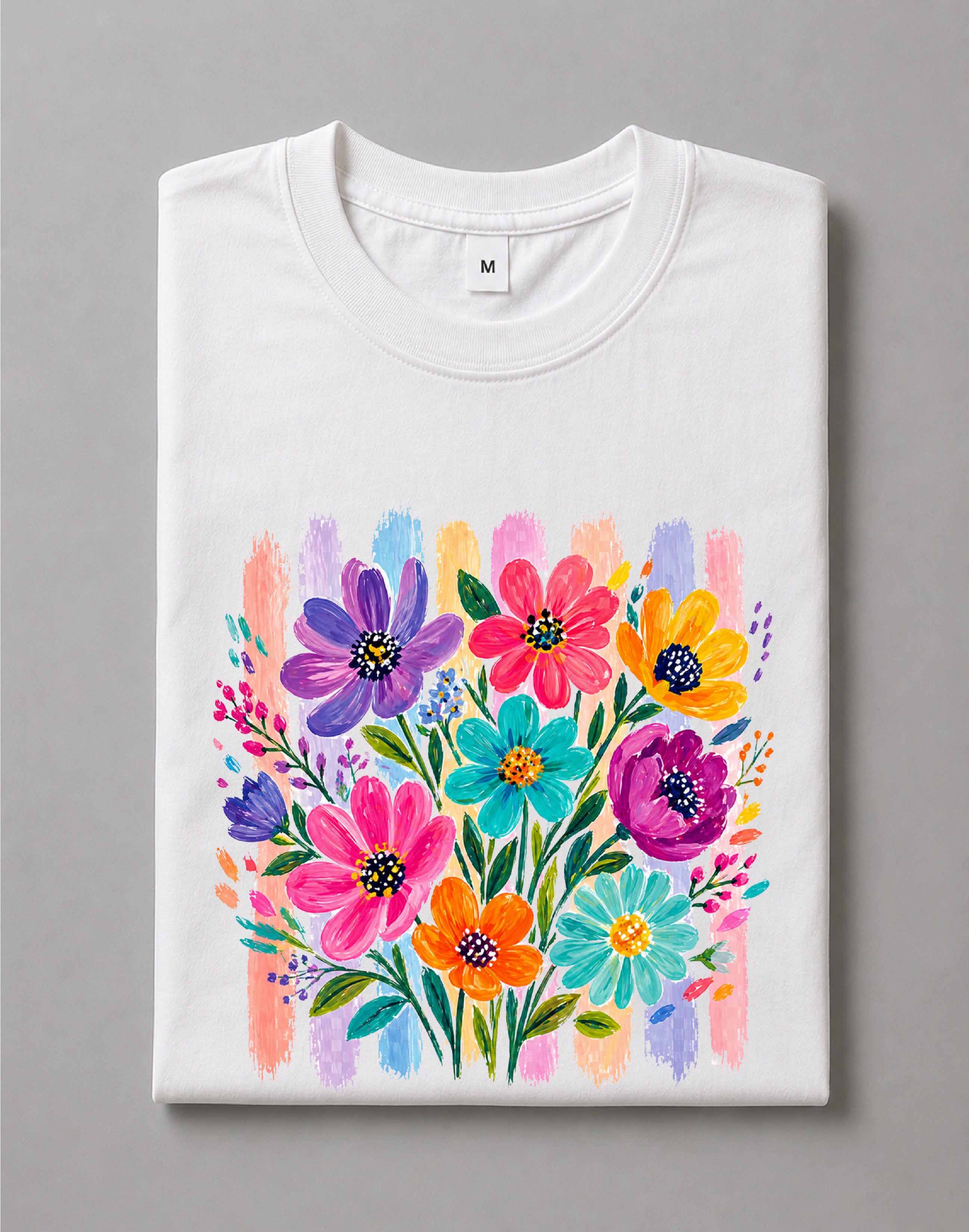 Striped Boho Floral Brushstroke Shirt – Bohemian Floral Graphic Tee, Artistic Wildflower Print Shirt, Trendy Summer Casual Shirt – DT-1