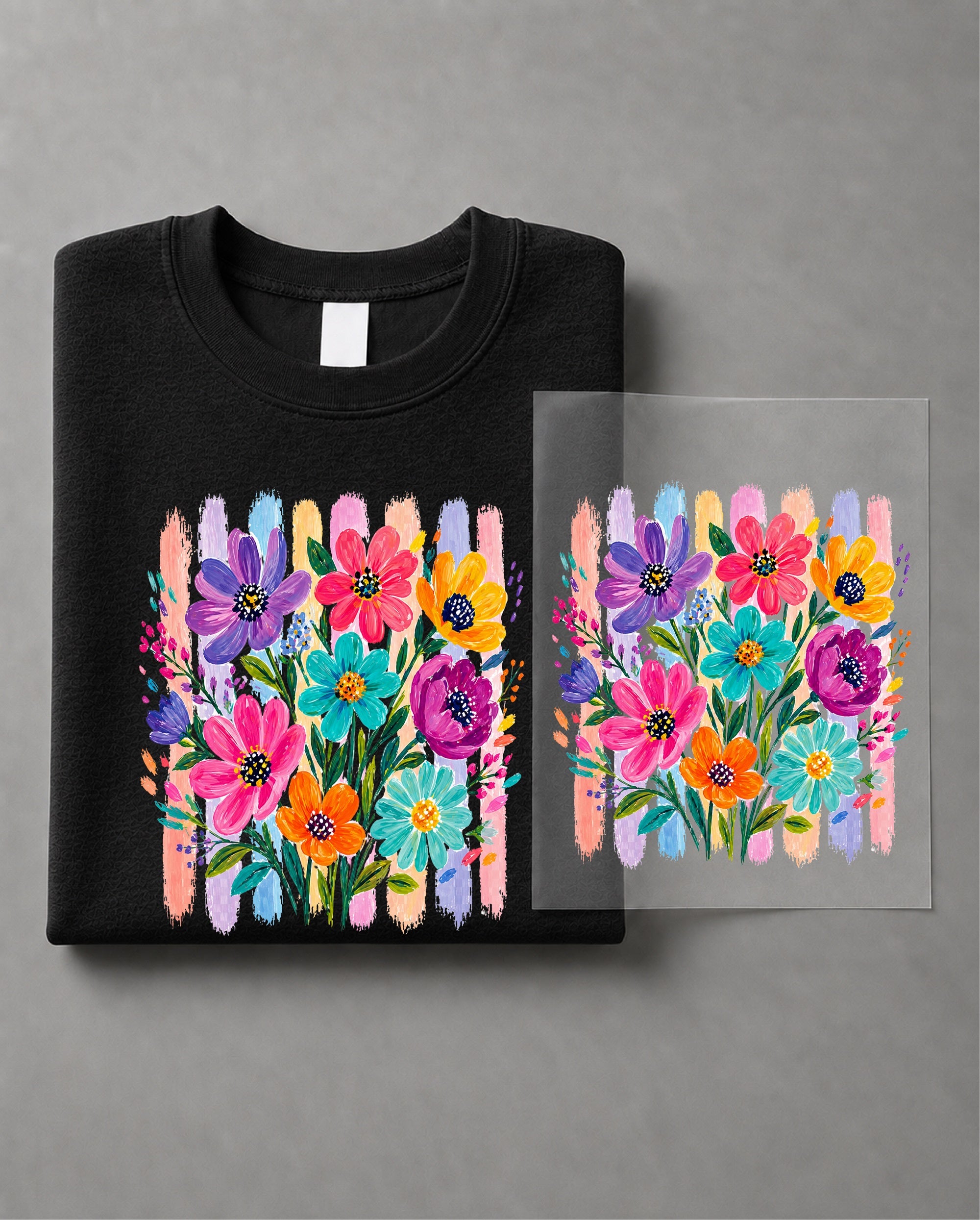 Striped Boho Floral Brushstroke Sweatshirt– Bohemian Floral Graphic Sweater, Trendy Floral Casual Crewneck– DT-1